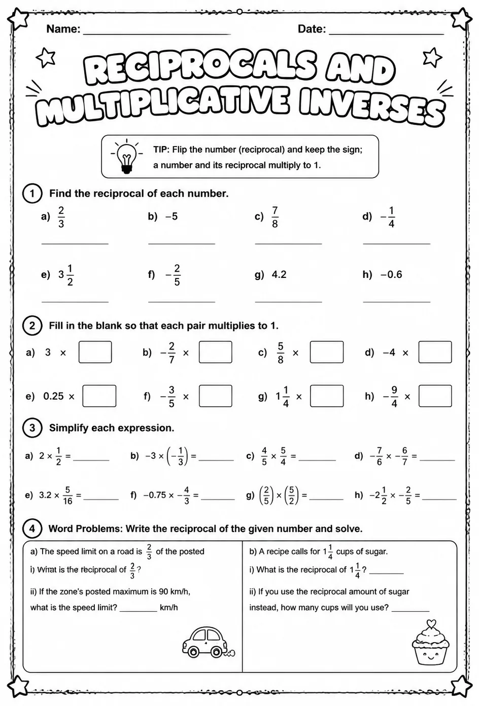 Reciprocals and multiplicative inverses — free printable Grade 8 math worksheet