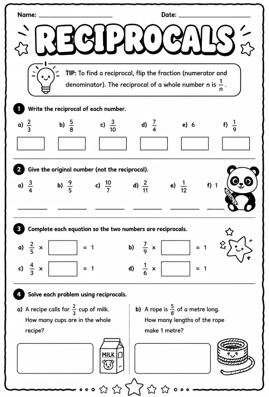 Reciprocals — free printable Grade 5 math worksheet