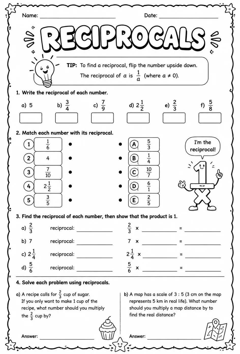 Reciprocals — free printable Grade 6 math worksheet