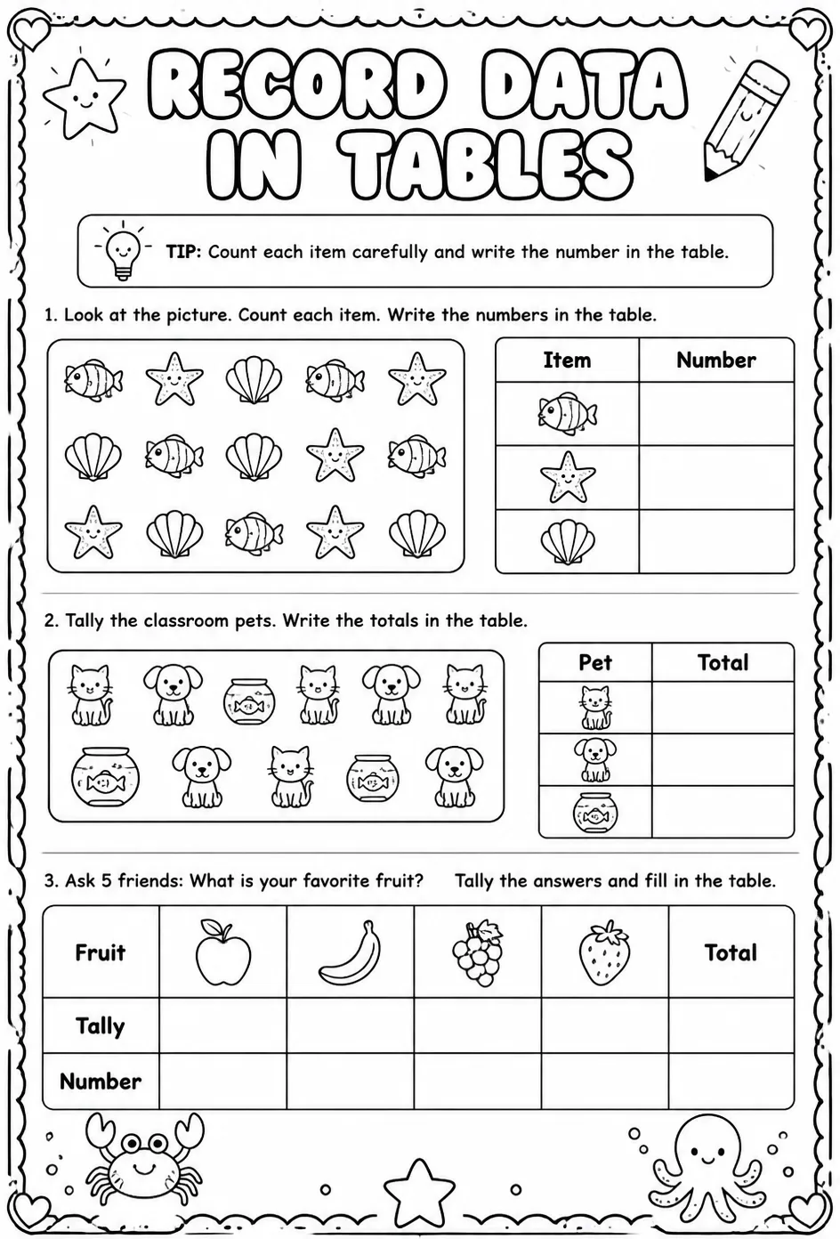 Record data in tables — free printable Grade 1 math worksheet