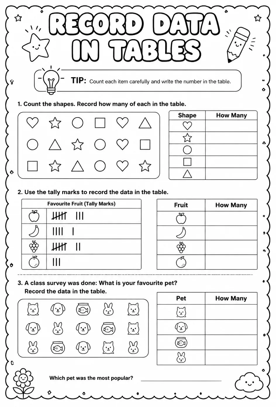 Record data in tables — free printable Grade 2 math worksheet