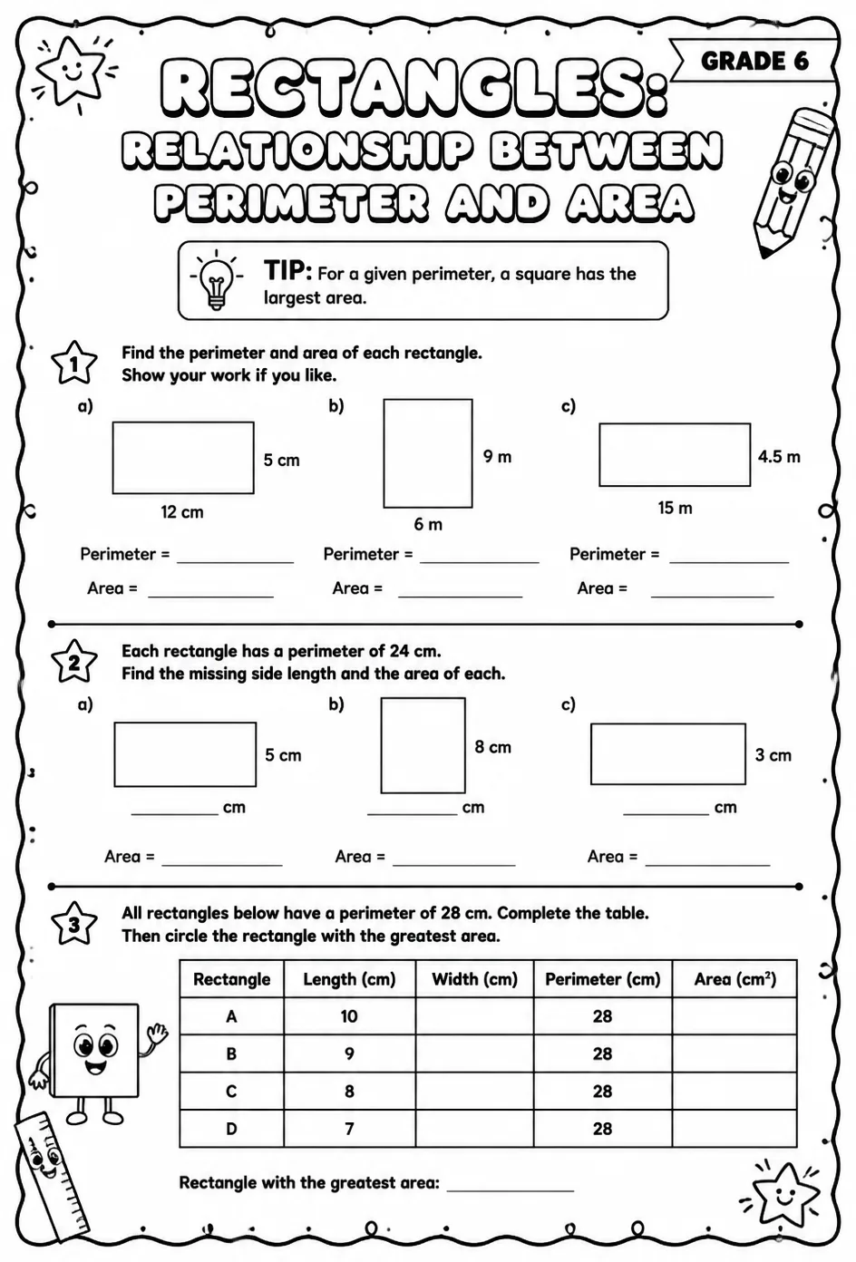 Rectangles: relationship between perimeter and area — free printable Grade 6 math worksheet