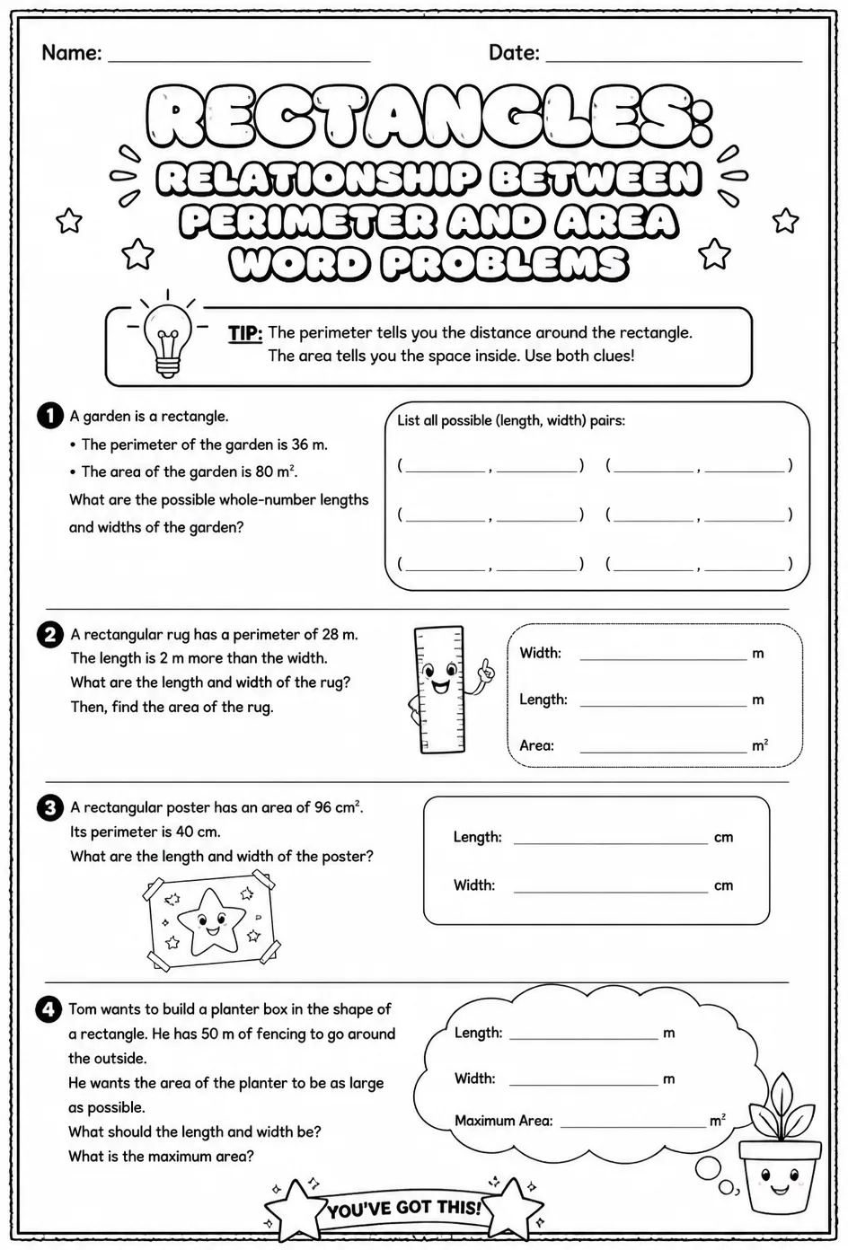 Rectangles: relationship between perimeter and area word problems — free printable Grade 4 math worksheet