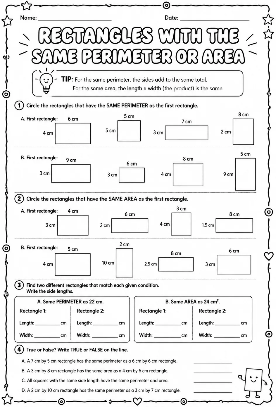Rectangles with the same perimeter or area — free printable Grade 3 math worksheet