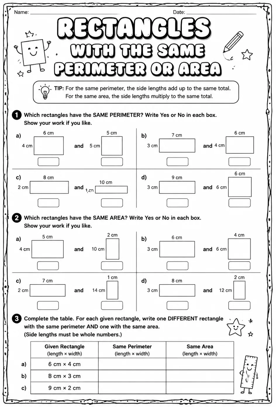 Rectangles with the same perimeter or area — free printable Grade 4 math worksheet