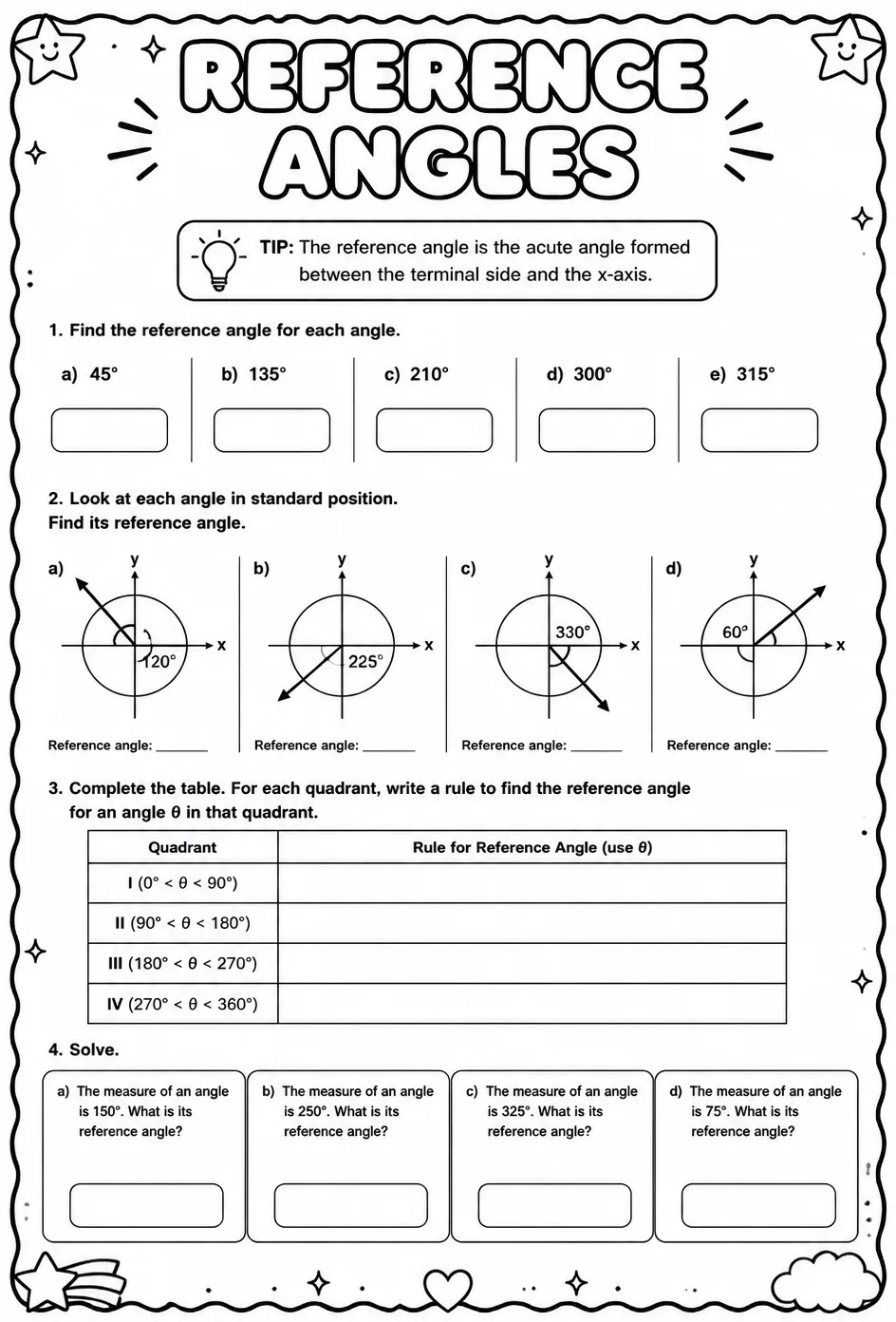 Reference angles — free printable Algebra 2 math worksheet