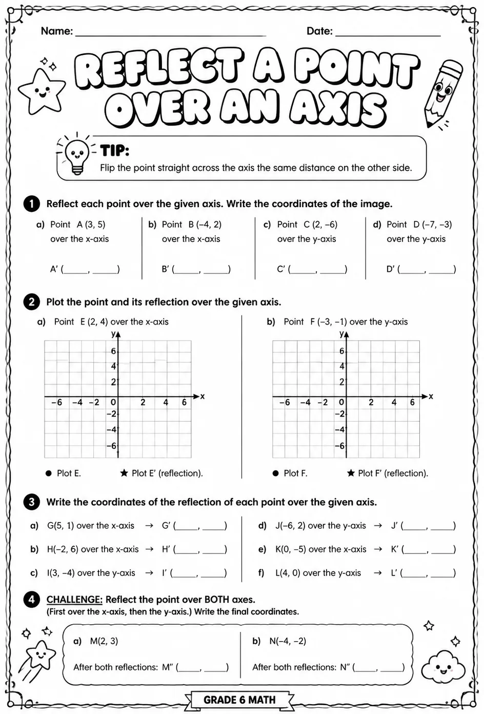Reflect a point over an axis — free printable Grade 6 math worksheet