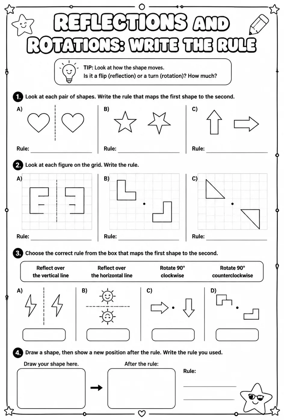 Reflections and rotations: write the rule — free printable Geometry math worksheet