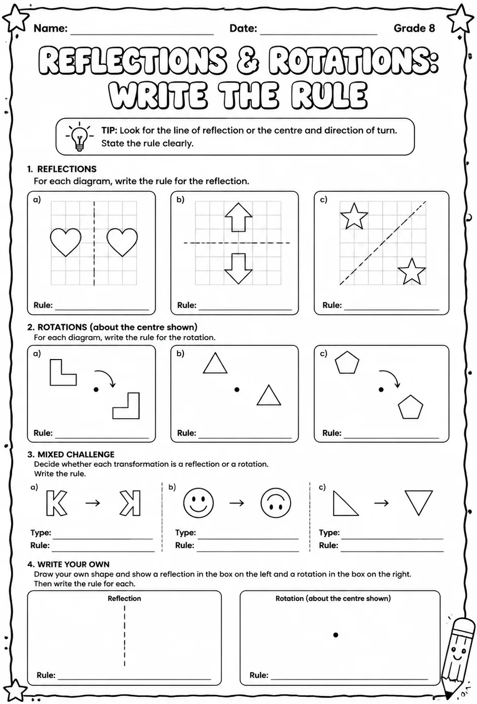Reflections and rotations: write the rule — free printable Grade 8 math worksheet