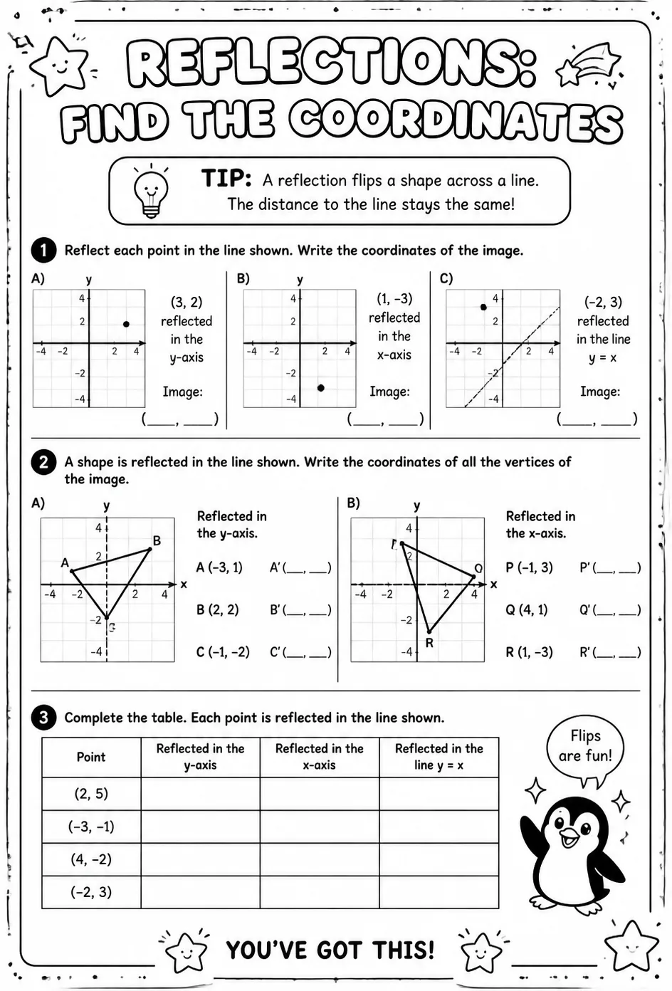 Reflections: find the coordinates — free printable Geometry math worksheet