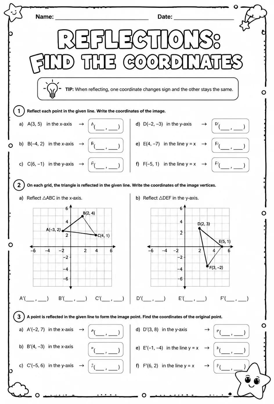Reflections: find the coordinates — free printable Grade 7 math worksheet