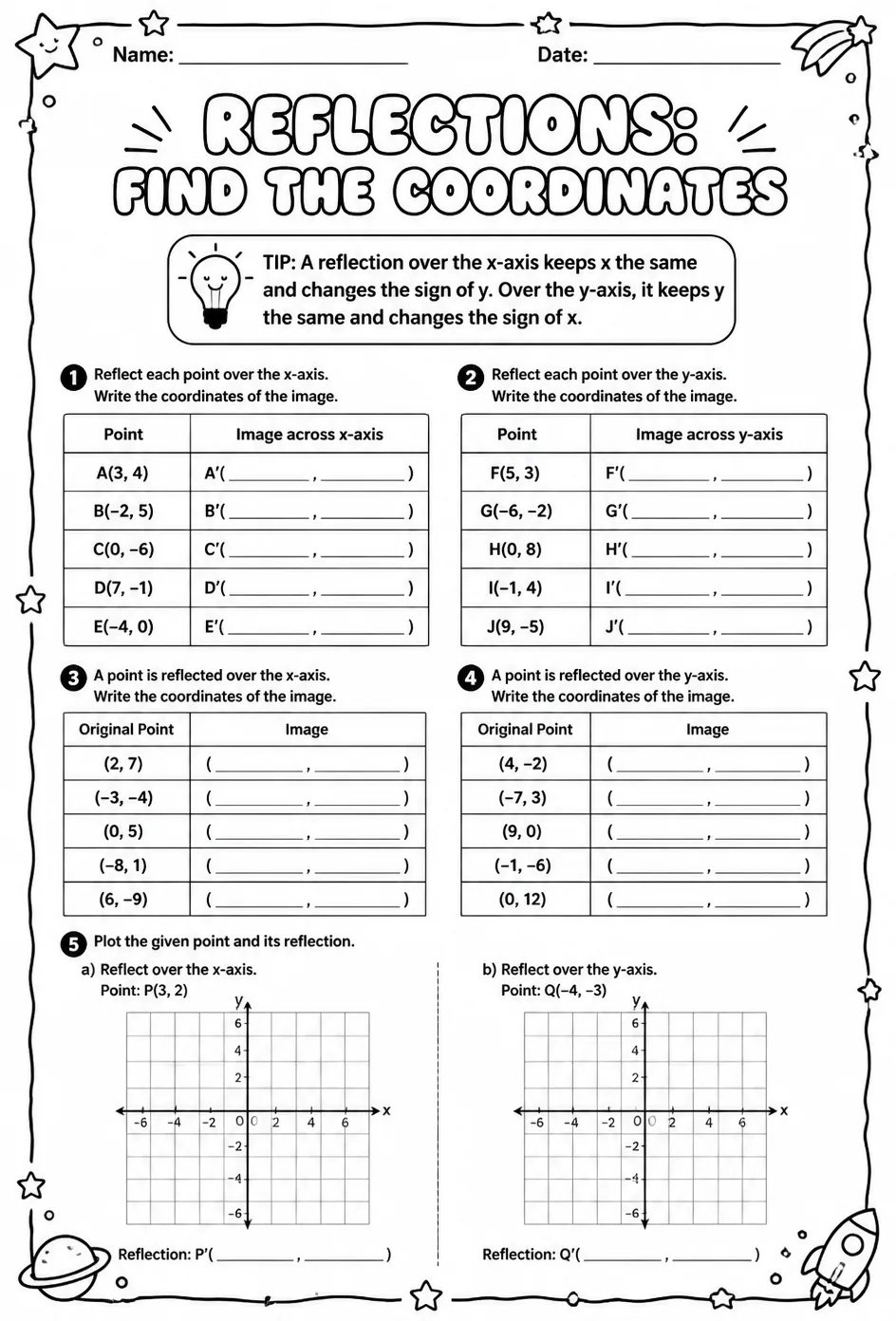 Reflections: find the coordinates — free printable Grade 8 math worksheet