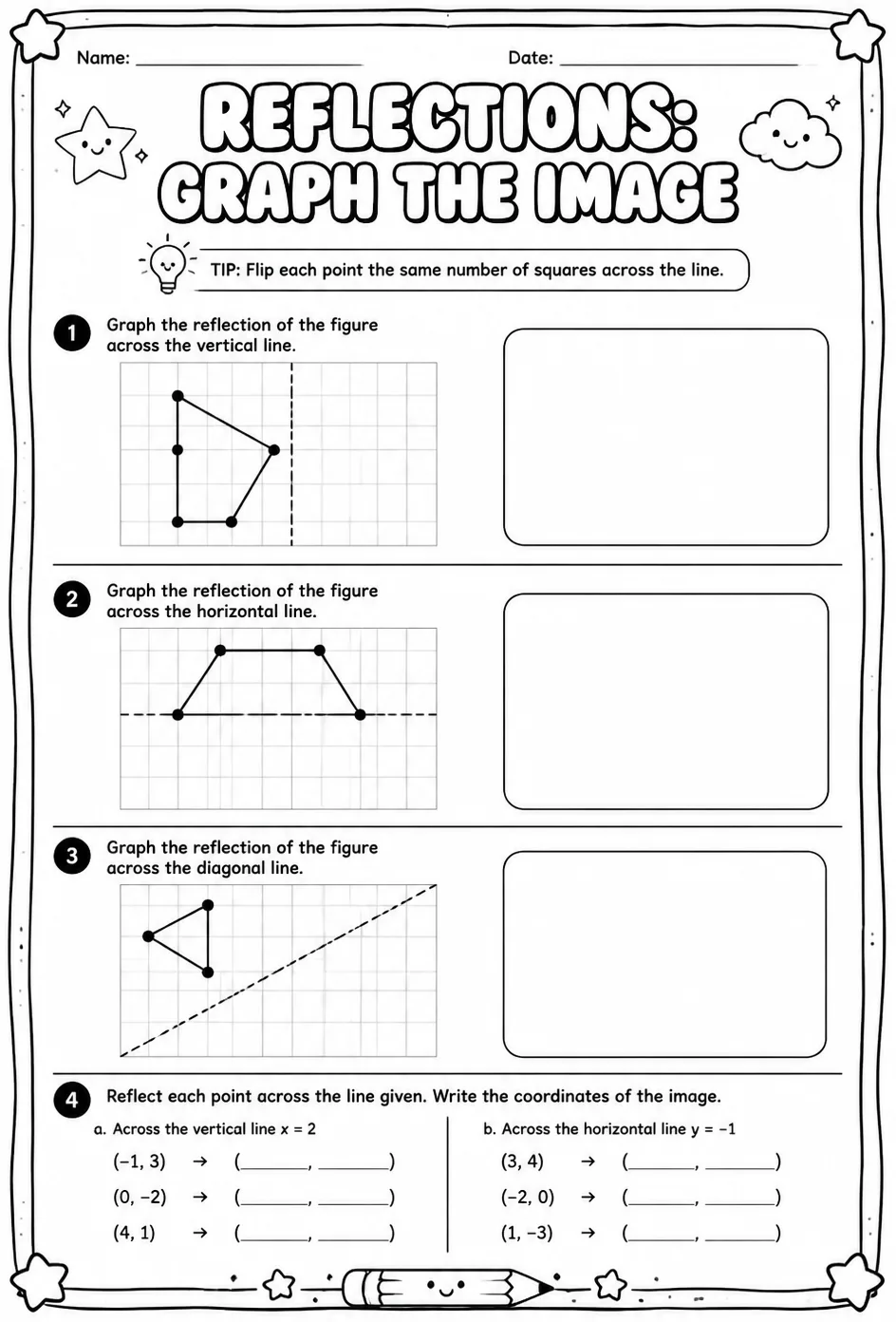 Reflections: graph the image — free printable Geometry math worksheet