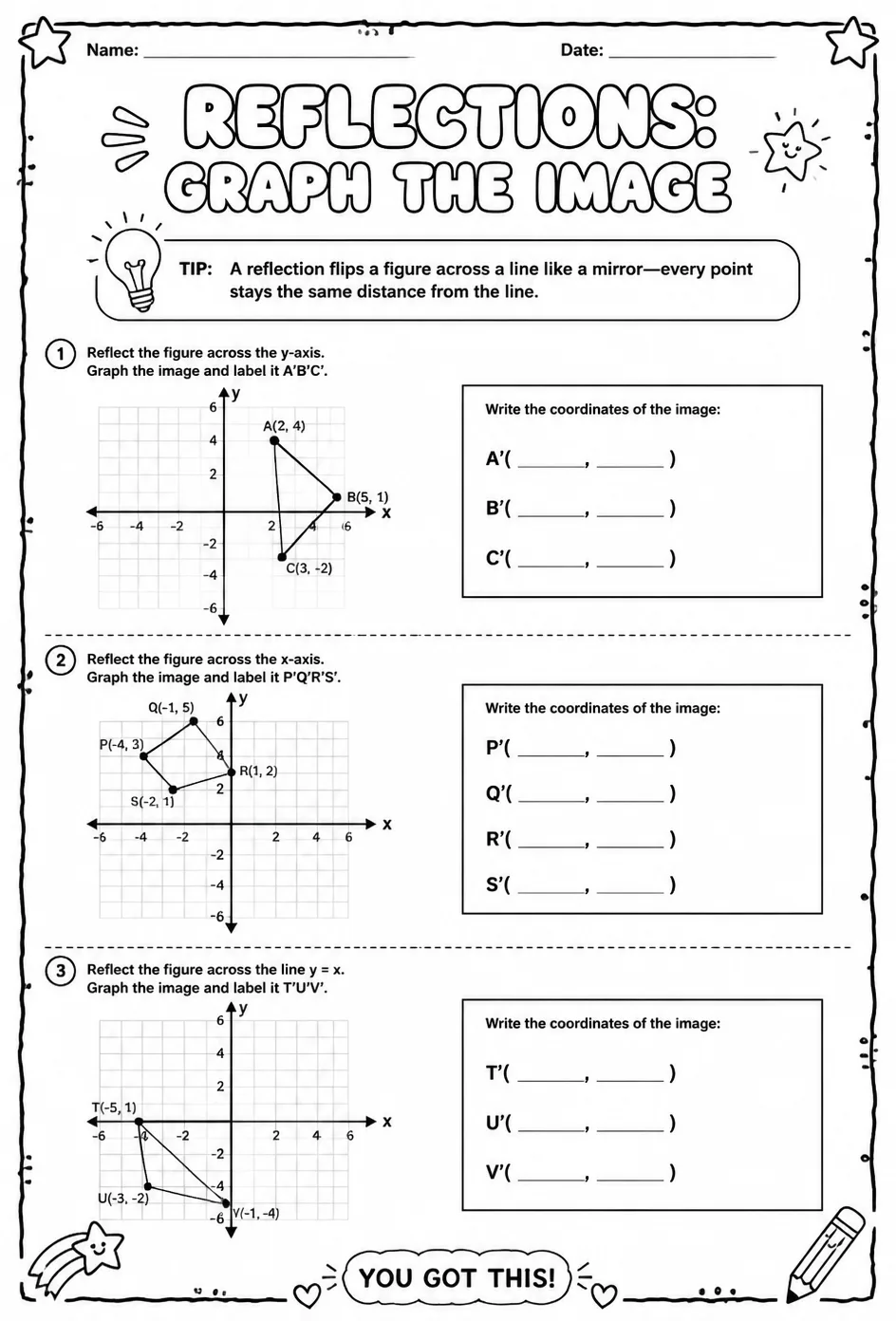 Reflections: graph the image — free printable Grade 7 math worksheet