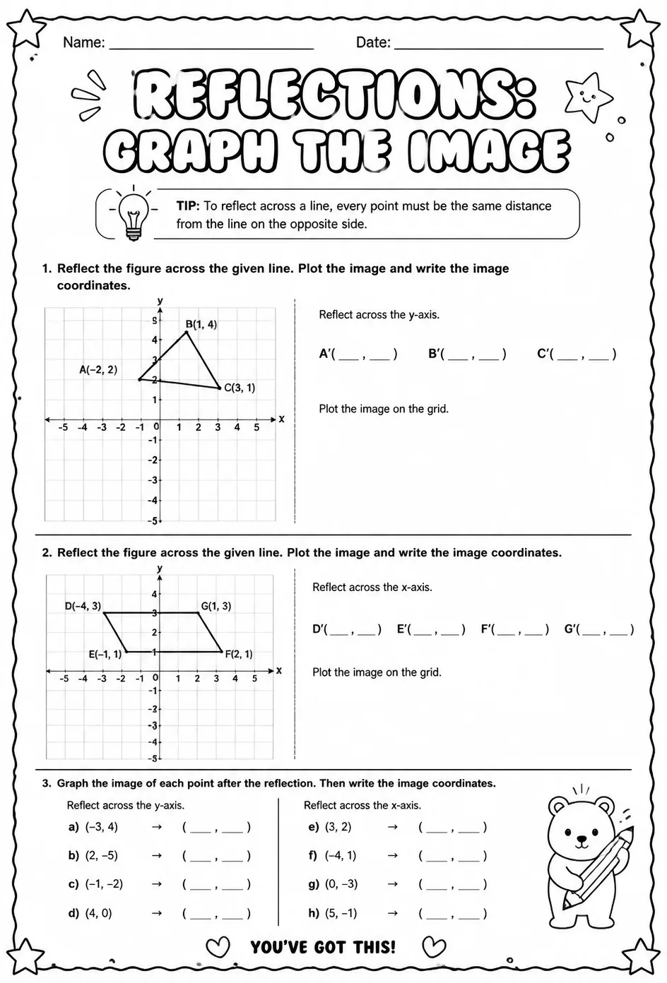 Reflections: graph the image — free printable Grade 8 math worksheet