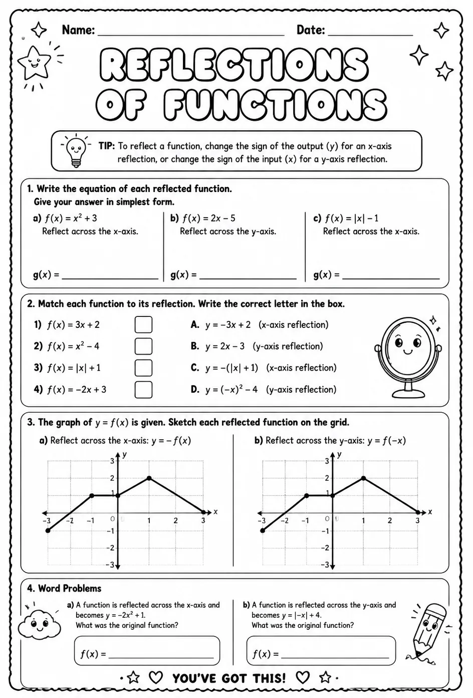 Reflections of functions — free printable Algebra 1 math worksheet