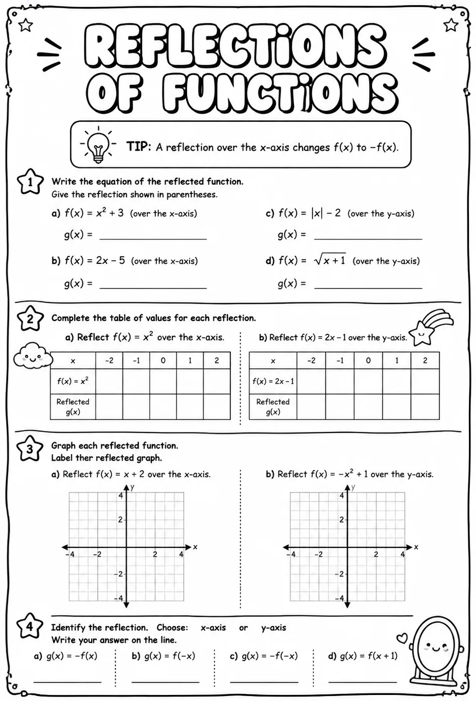 Reflections of functions — free printable Algebra 2 math worksheet