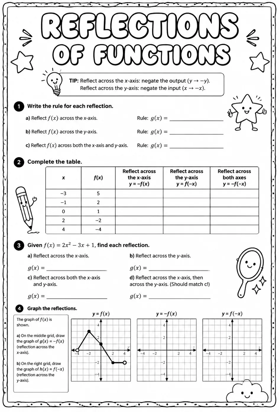 Reflections of functions — free printable Precalculus math worksheet
