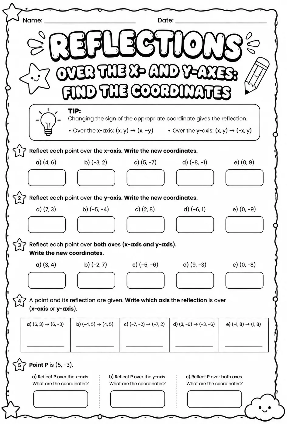 Reflections over the x- and y-axes: find the coordinates — free printable Grade 7 math worksheet