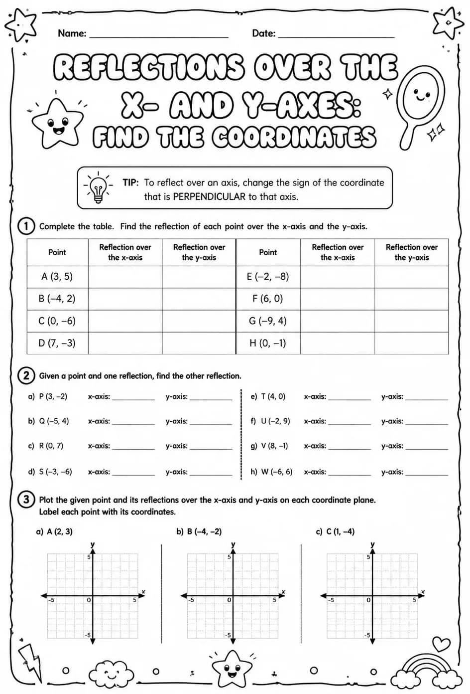 Reflections over the x- and y-axes: find the coordinates — free printable Grade 8 math worksheet