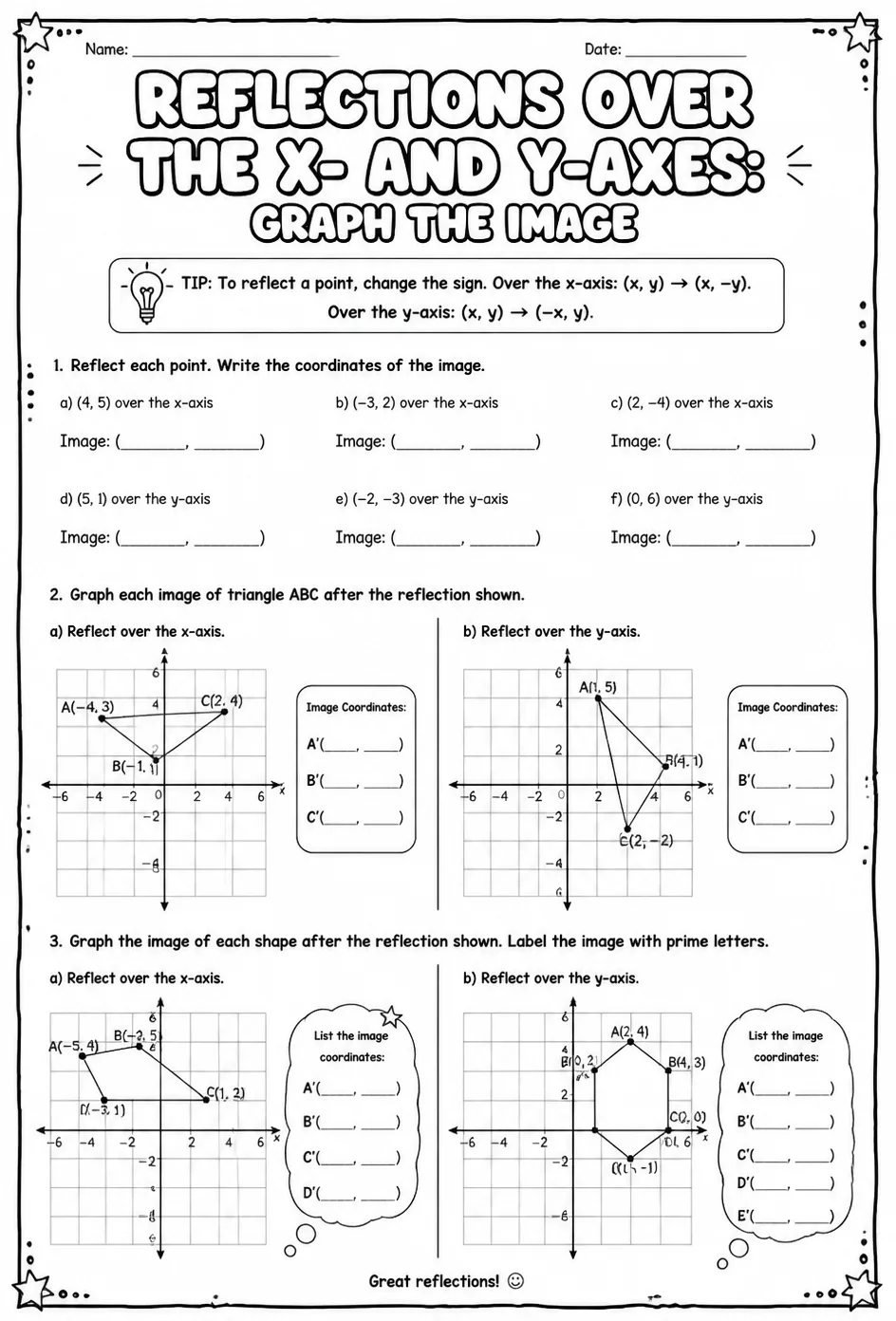 Reflections over the x- and y-axes: graph the image — free printable Grade 7 math worksheet