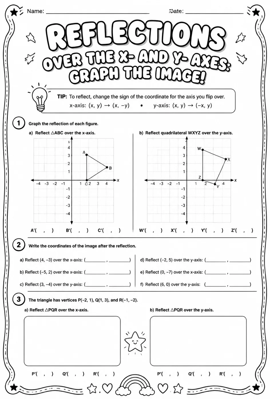 Reflections over the x- and y-axes: graph the image — free printable Grade 8 math worksheet
