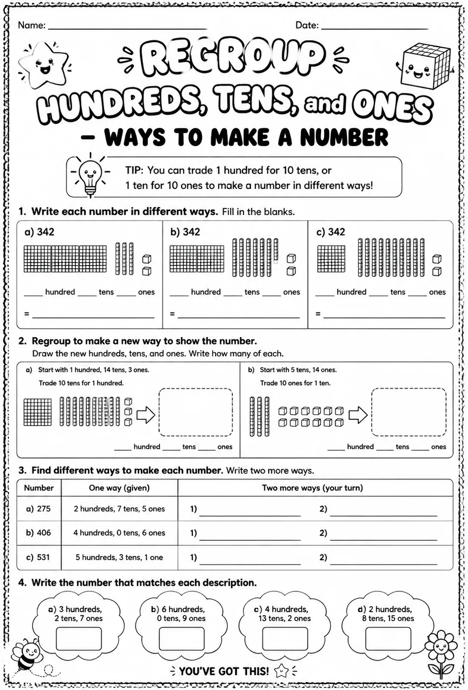 Regroup hundreds, tens, and ones - ways to make a number — free printable Grade 2 math worksheet