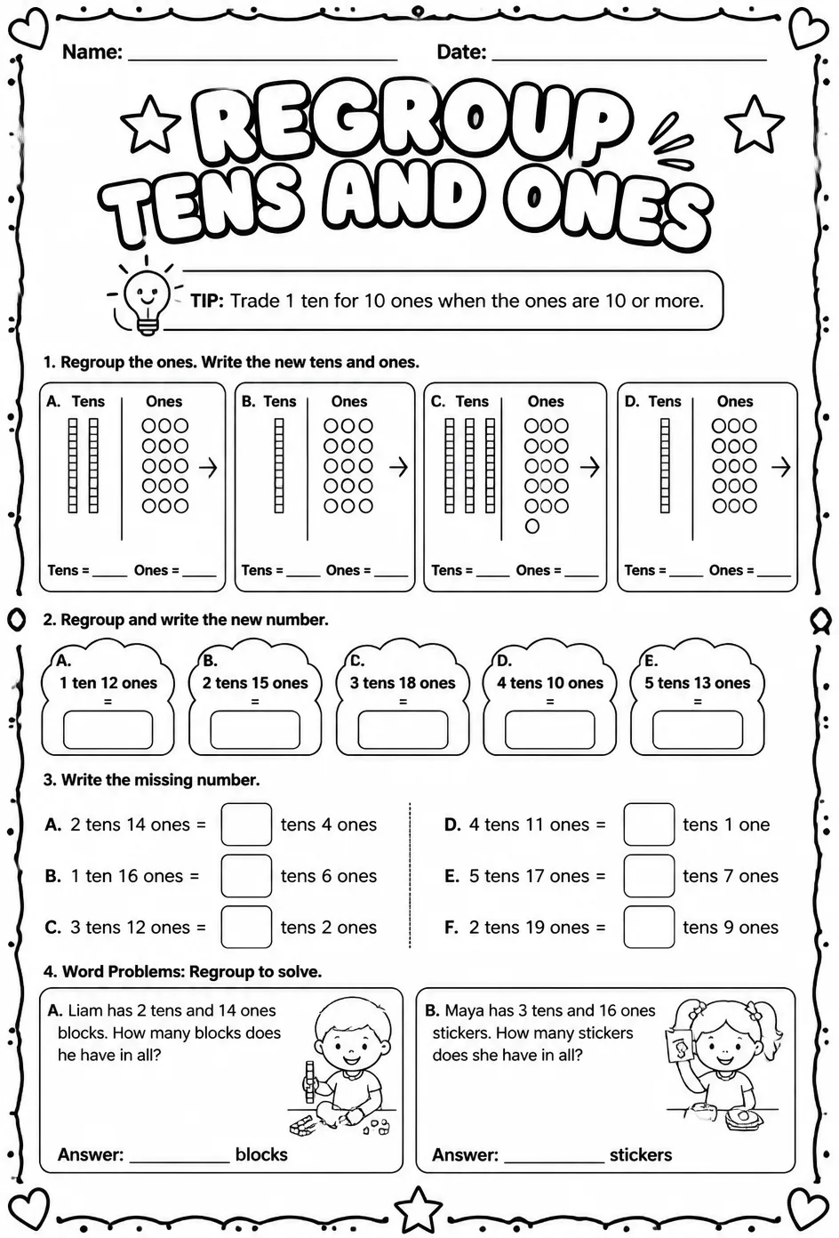Regroup tens and ones — free printable Grade 1 math worksheet