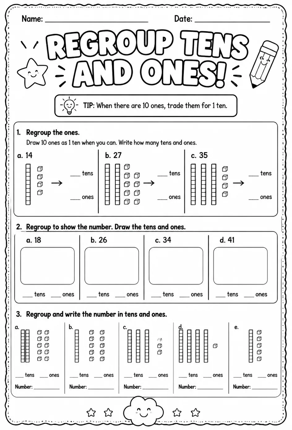 Regroup tens and ones — free printable Grade 2 math worksheet