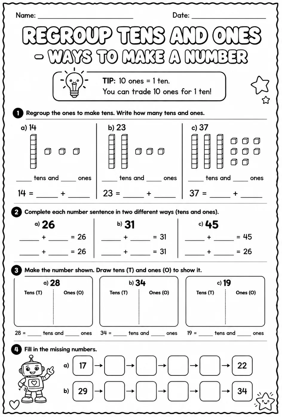 Regroup tens and ones - ways to make a number — free printable Grade 1 math worksheet