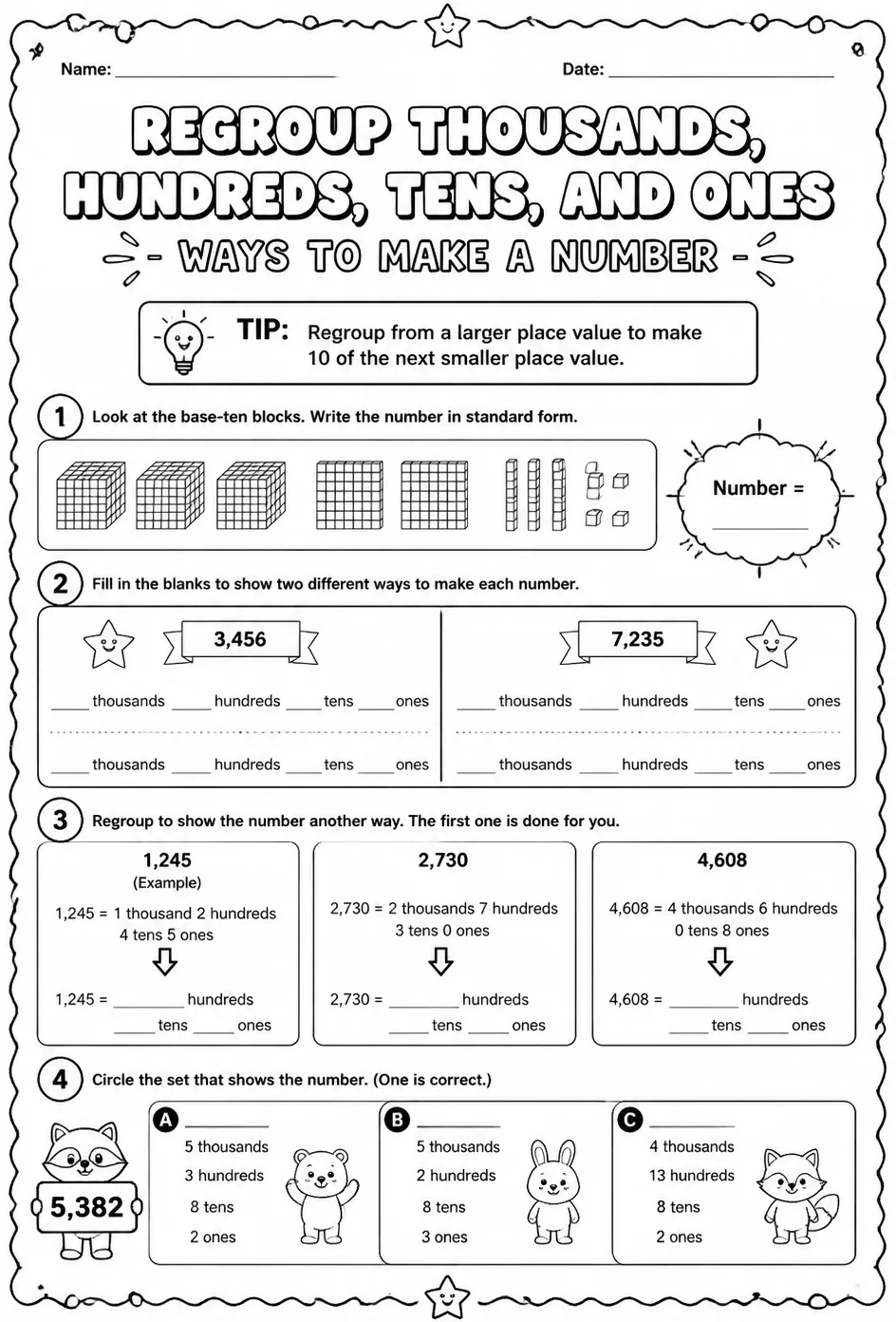 Regroup thousands, hundreds, tens, and ones - ways to make a number — free printable Grade 3 math worksheet