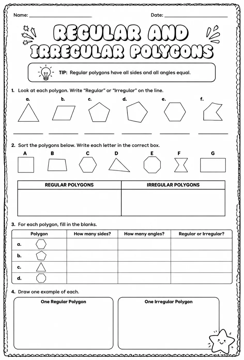 Regular and irregular polygons — free printable Grade 5 math worksheet