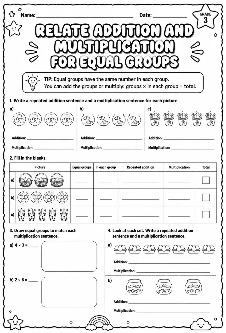 Relate addition and multiplication for equal groups — free printable Grade 3 math worksheet