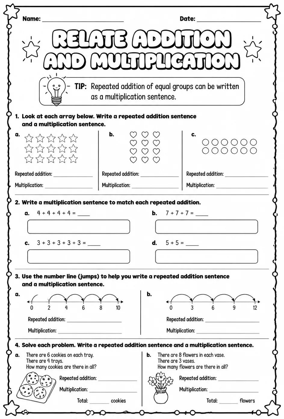 Relate addition and multiplication — free printable Grade 3 math worksheet
