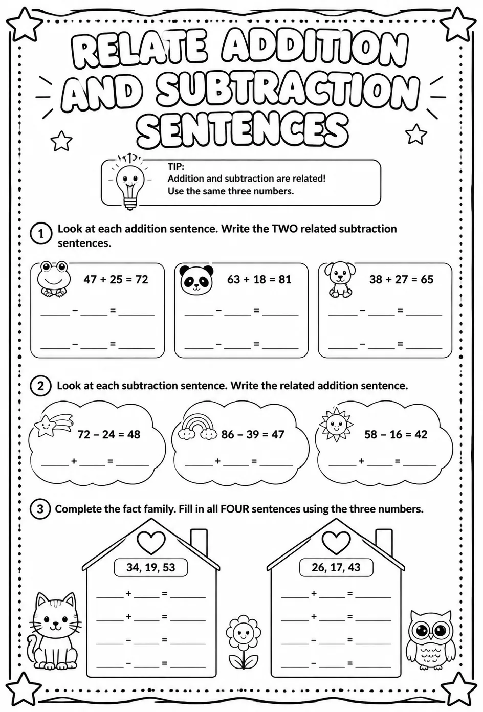 Relate addition and subtraction sentences — free printable Grade 3 math worksheet