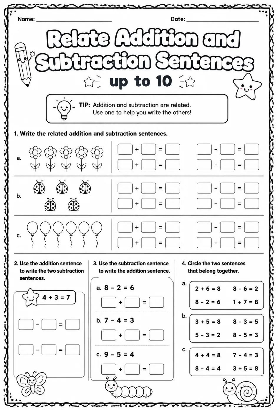 Relate addition and subtraction sentences - up to 10 — free printable Grade 1 math worksheet