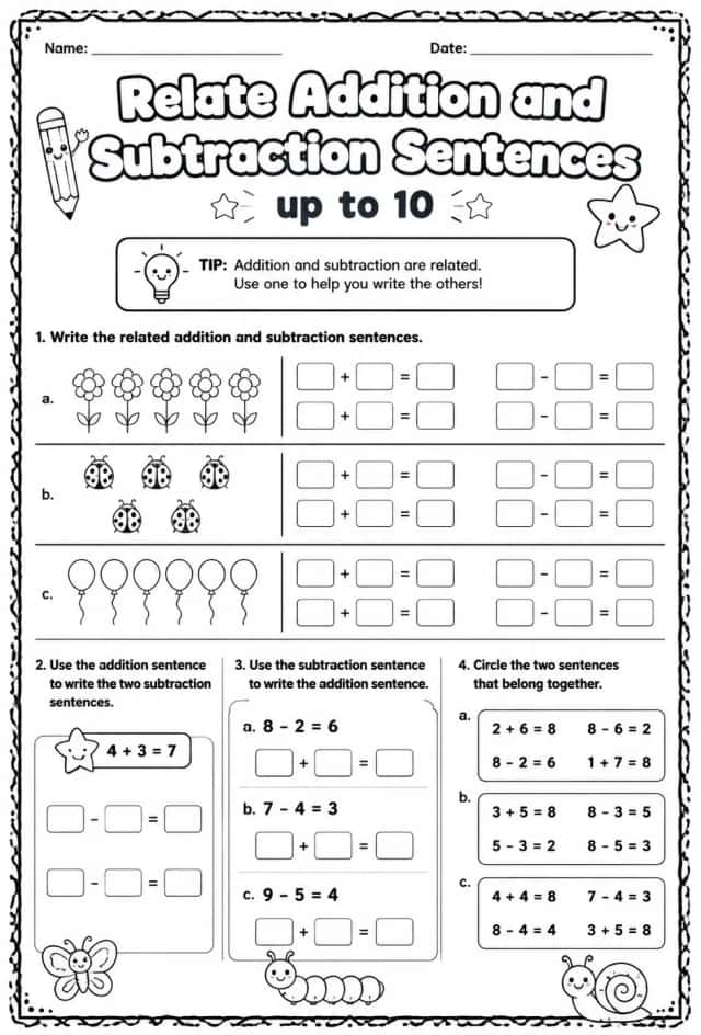 Relate addition and subtraction sentences - up to 10