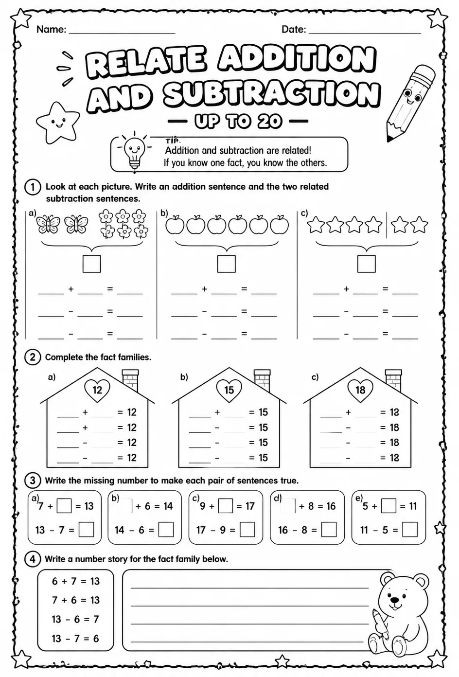 Relate addition and subtraction sentences - up to 20 — free printable Grade 1 math worksheet