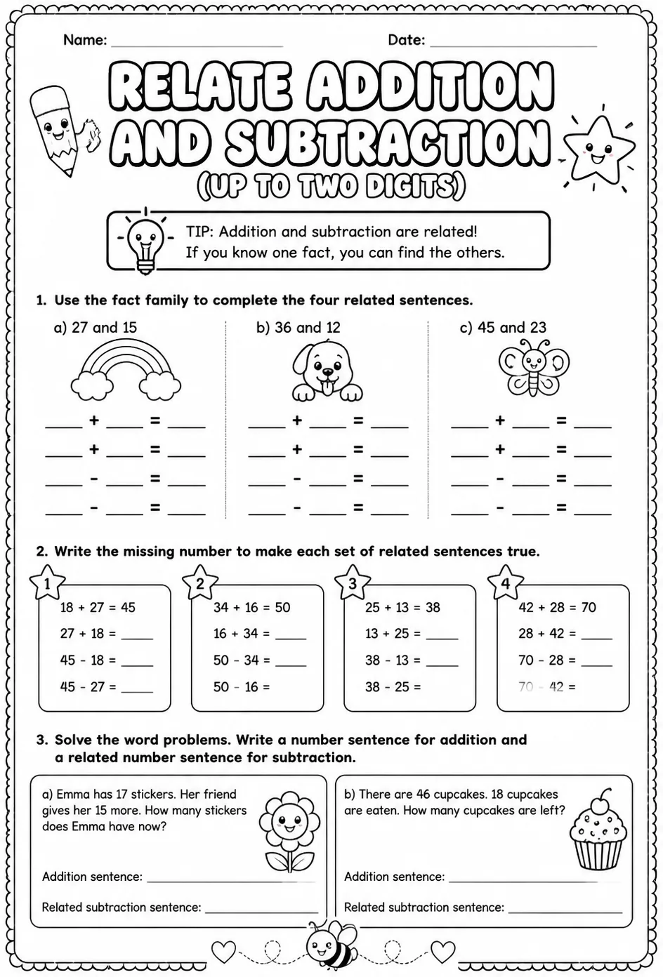 Relate addition and subtraction sentences - up to two digits — free printable Grade 2 math worksheet