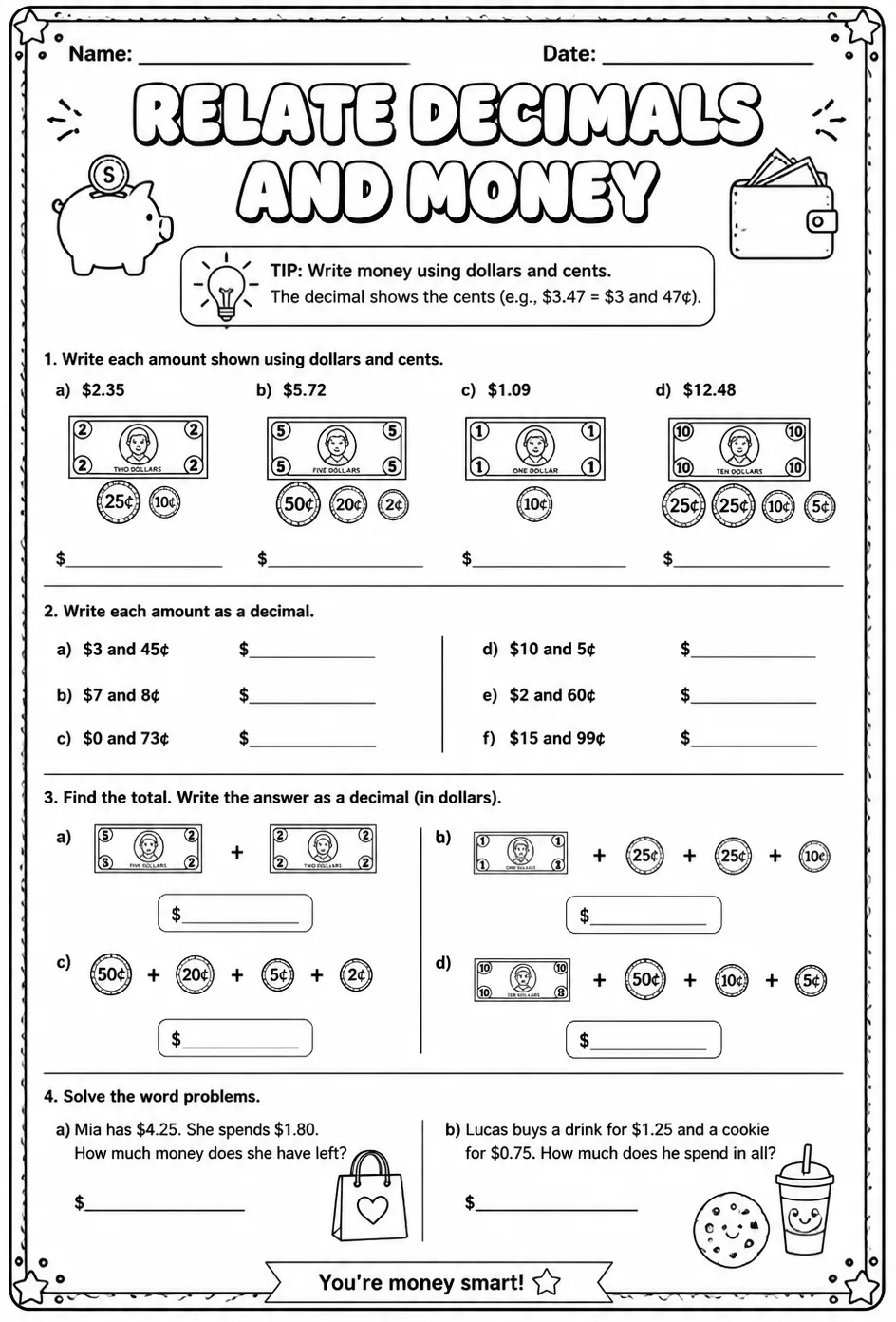 Relate decimals and money — free printable Grade 4 math worksheet