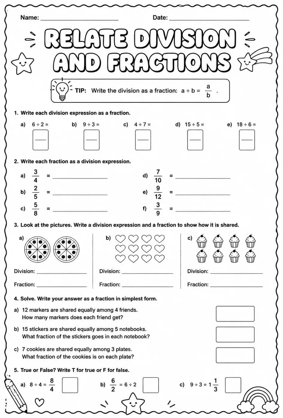 Relate division and fractions — free printable Grade 5 math worksheet