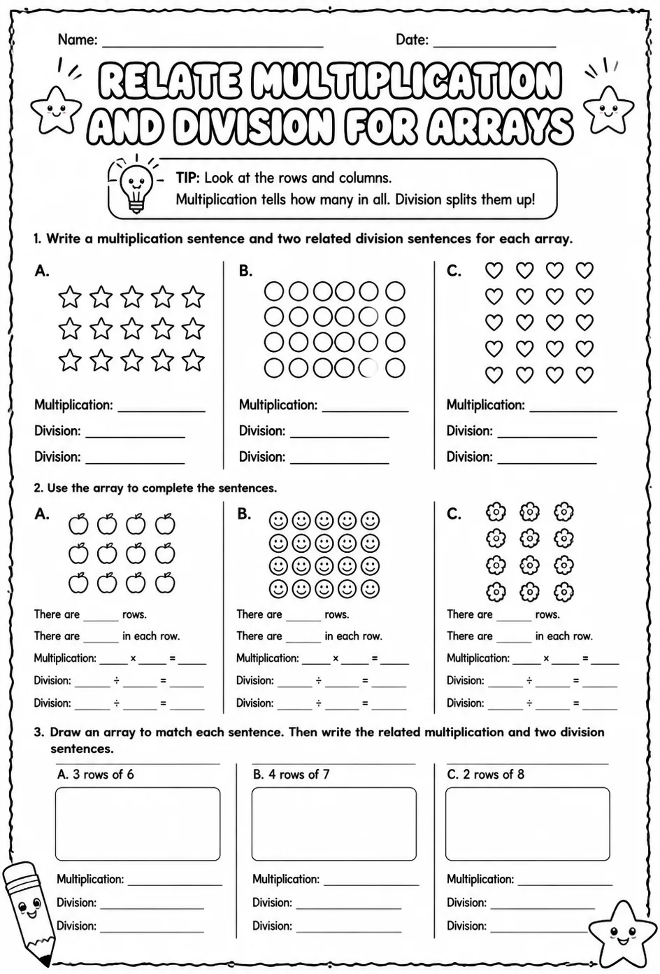 Relate multiplication and division for arrays — free printable Grade 3 math worksheet