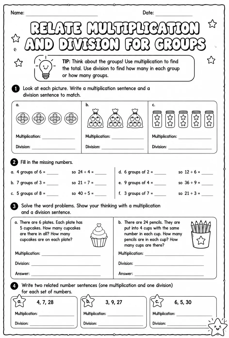 Relate multiplication and division for groups — free printable Grade 3 math worksheet