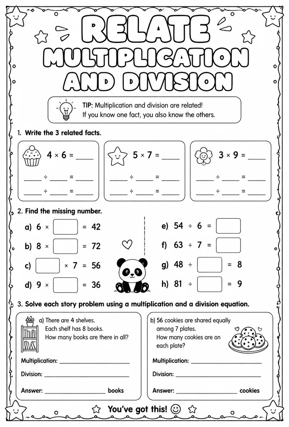 Relate multiplication and division — free printable Grade 3 math worksheet