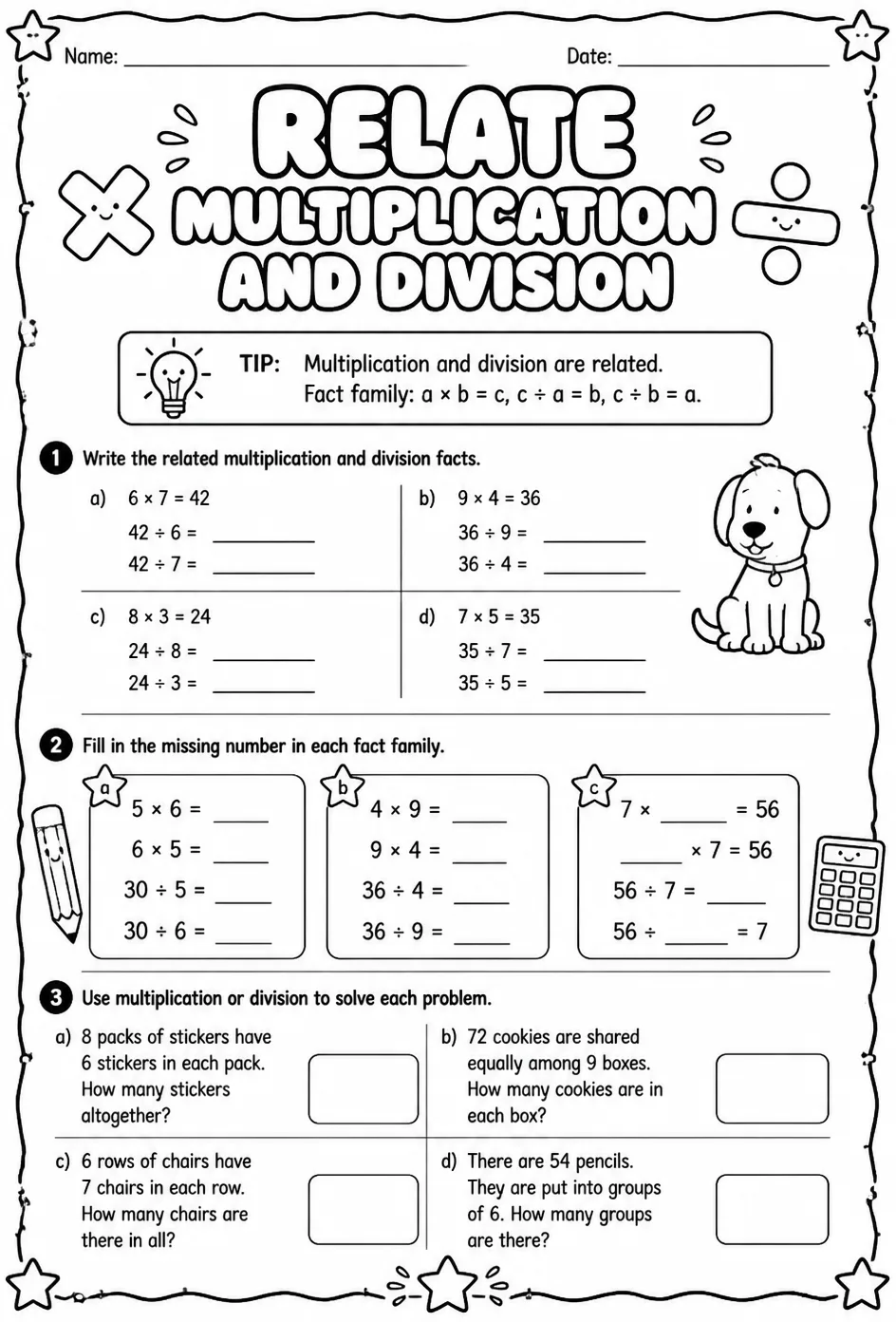 Relate multiplication and division — free printable Grade 5 math worksheet