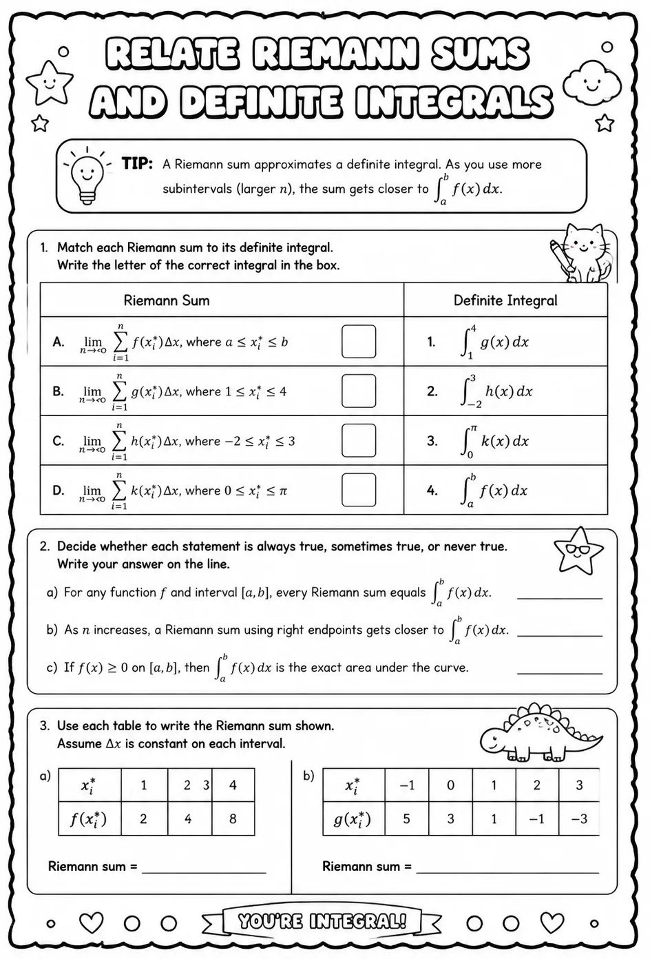 Relate Riemann sums and definite integrals — free printable Calculus math worksheet