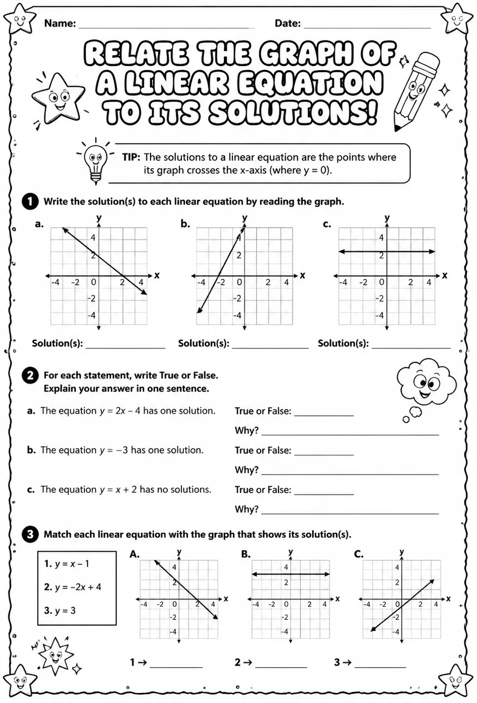 Relate the graph of a linear equation to its solutions — free printable Algebra 1 math worksheet