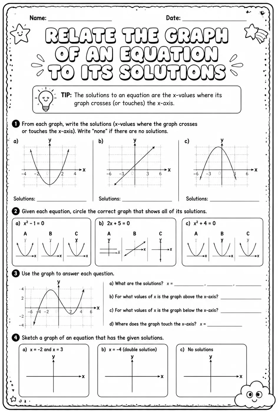 Relate the graph of an equation to its solutions — free printable Grade 8 math worksheet