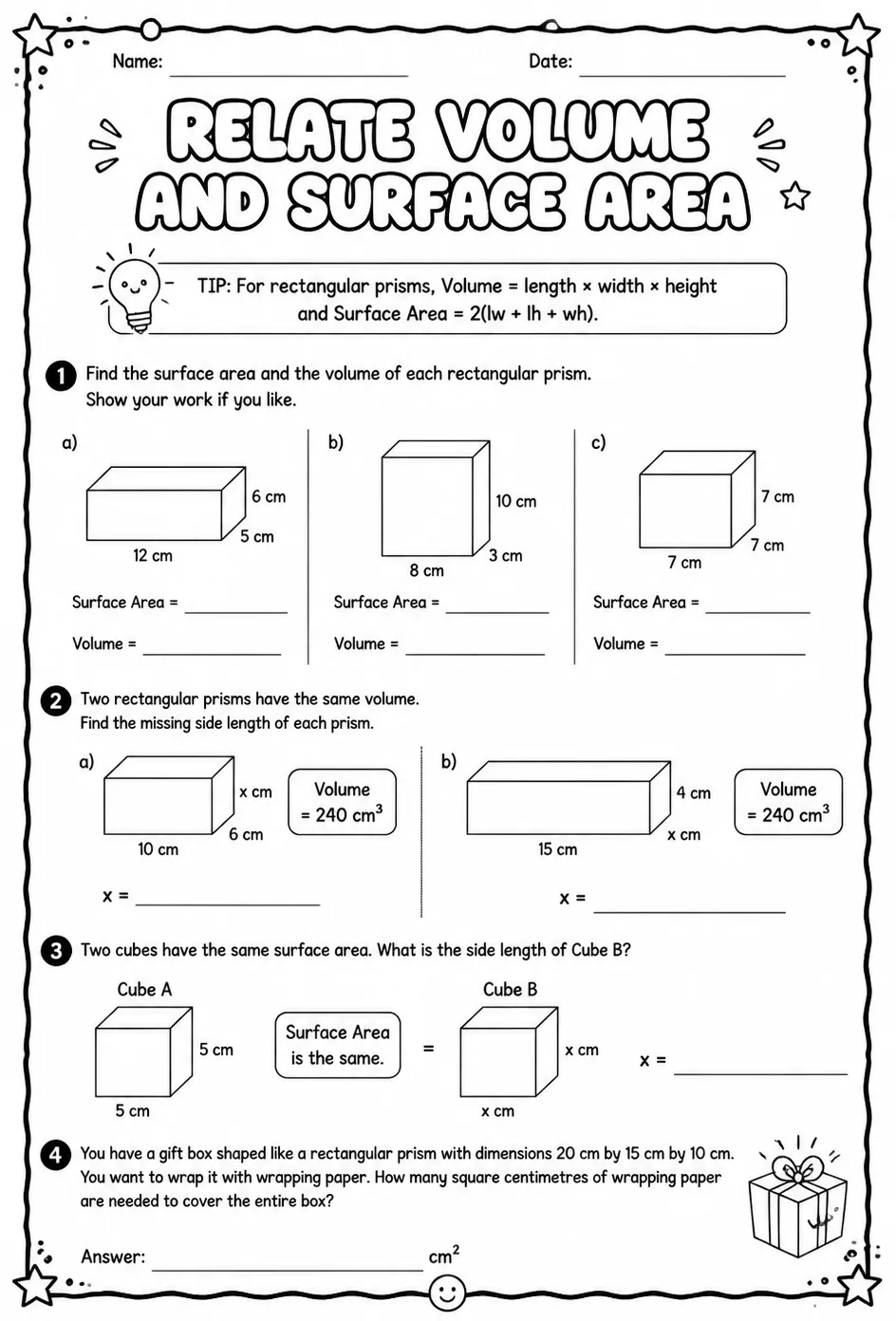 Relate volume and surface area — free printable Grade 6 math worksheet