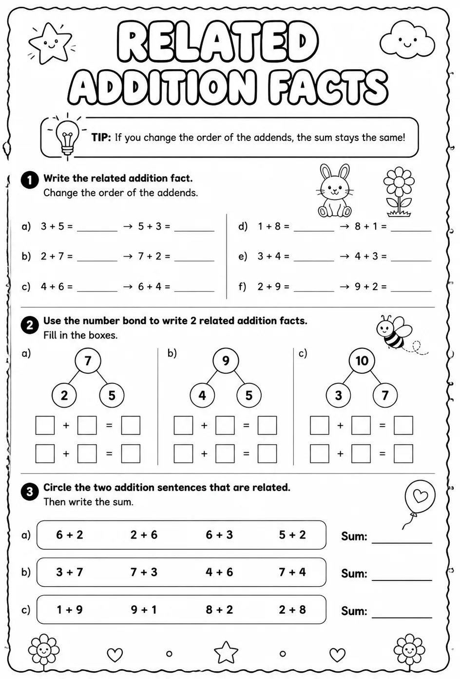 Related addition facts — free printable Grade 1 math worksheet